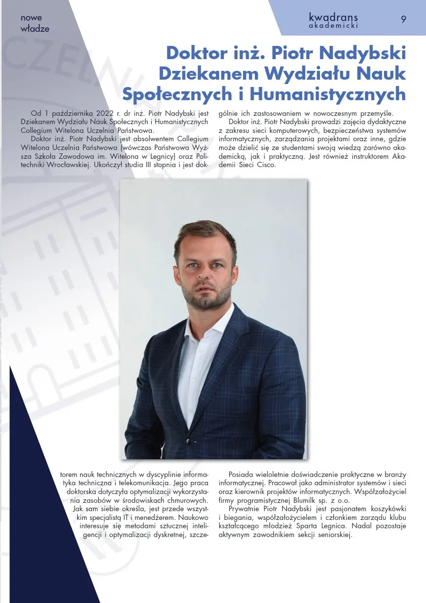 Blumilk CEO, PhD Eng. Piotr Nadybski, new dean of the Faculty of Social Sciences and Humanities